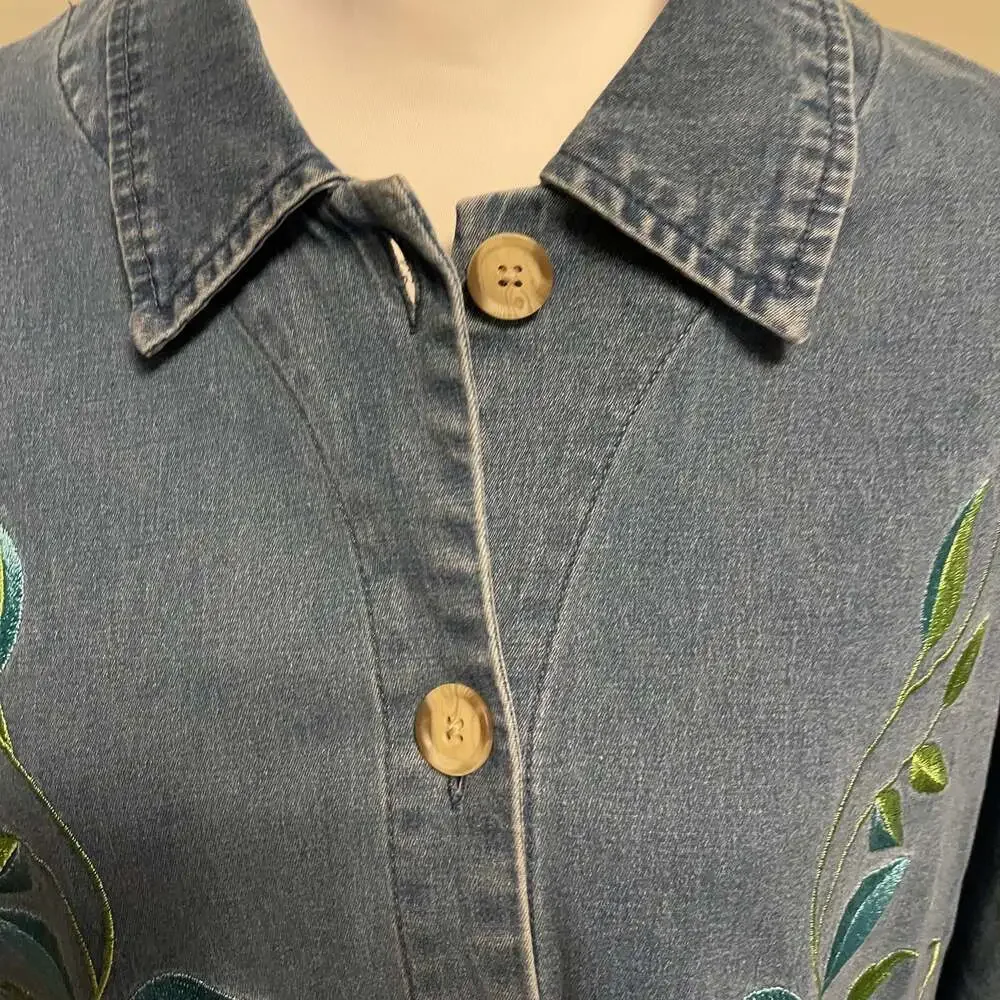 Denim Chore Jacket Teacher Chic Embroidery Jean Sz.L Cottage core - Picture 3 of 8